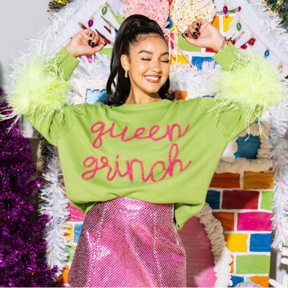 🎄 Queen Grinch Green Christmas Sweater Feather QOS Queen of Sparkles PRICE FIRM